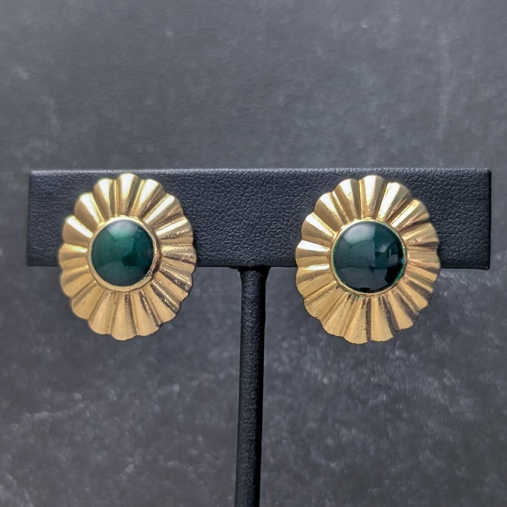 Vintage Clip On Earrings Elegant Glam Dark Green with Gold Tone Statement Halo